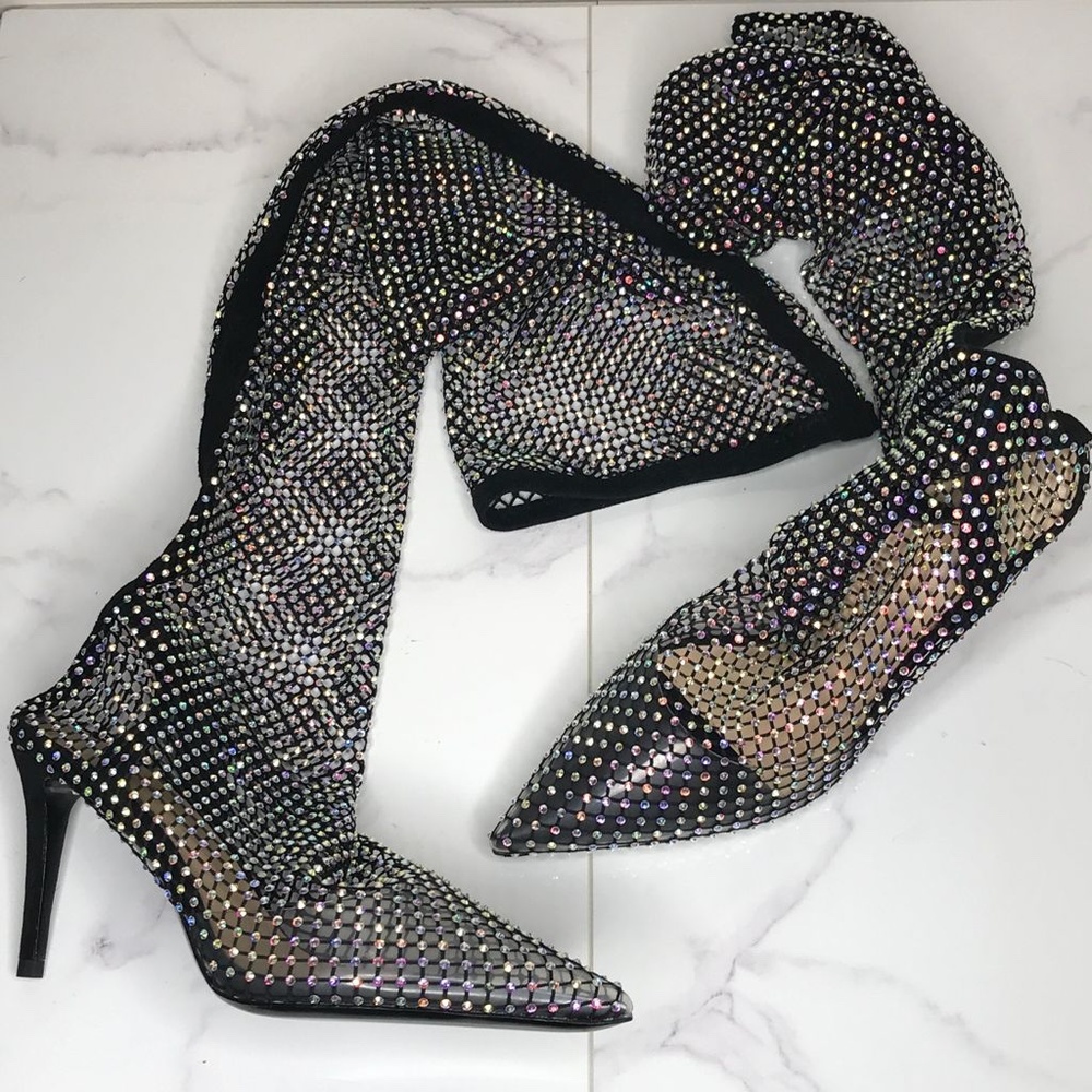 Nina Zarqua Crystal Fishnet Mesh Stocking Boots 37